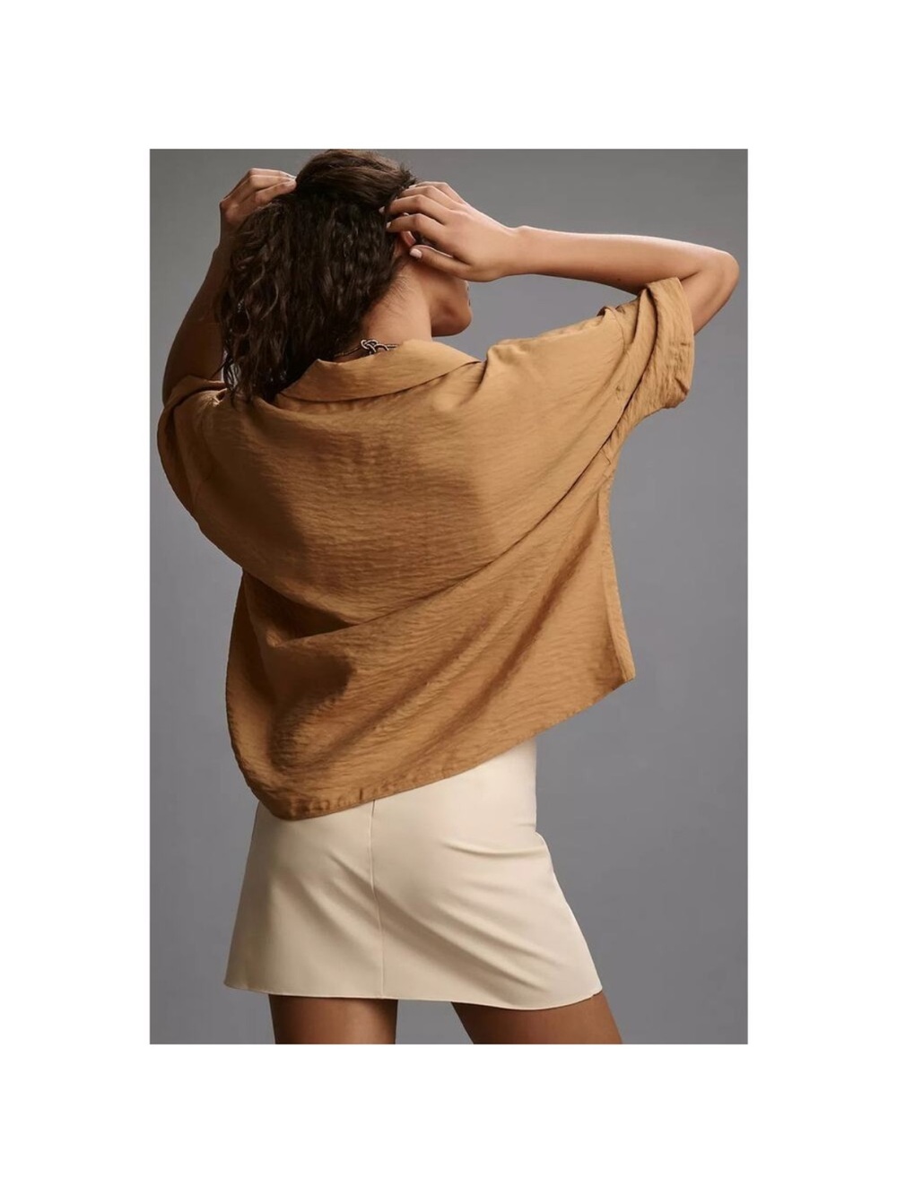 Anthropologie Relaxed Satin-Look Dolman Blouse in Camel Dylon wide placket top - Picture 4 of 5
